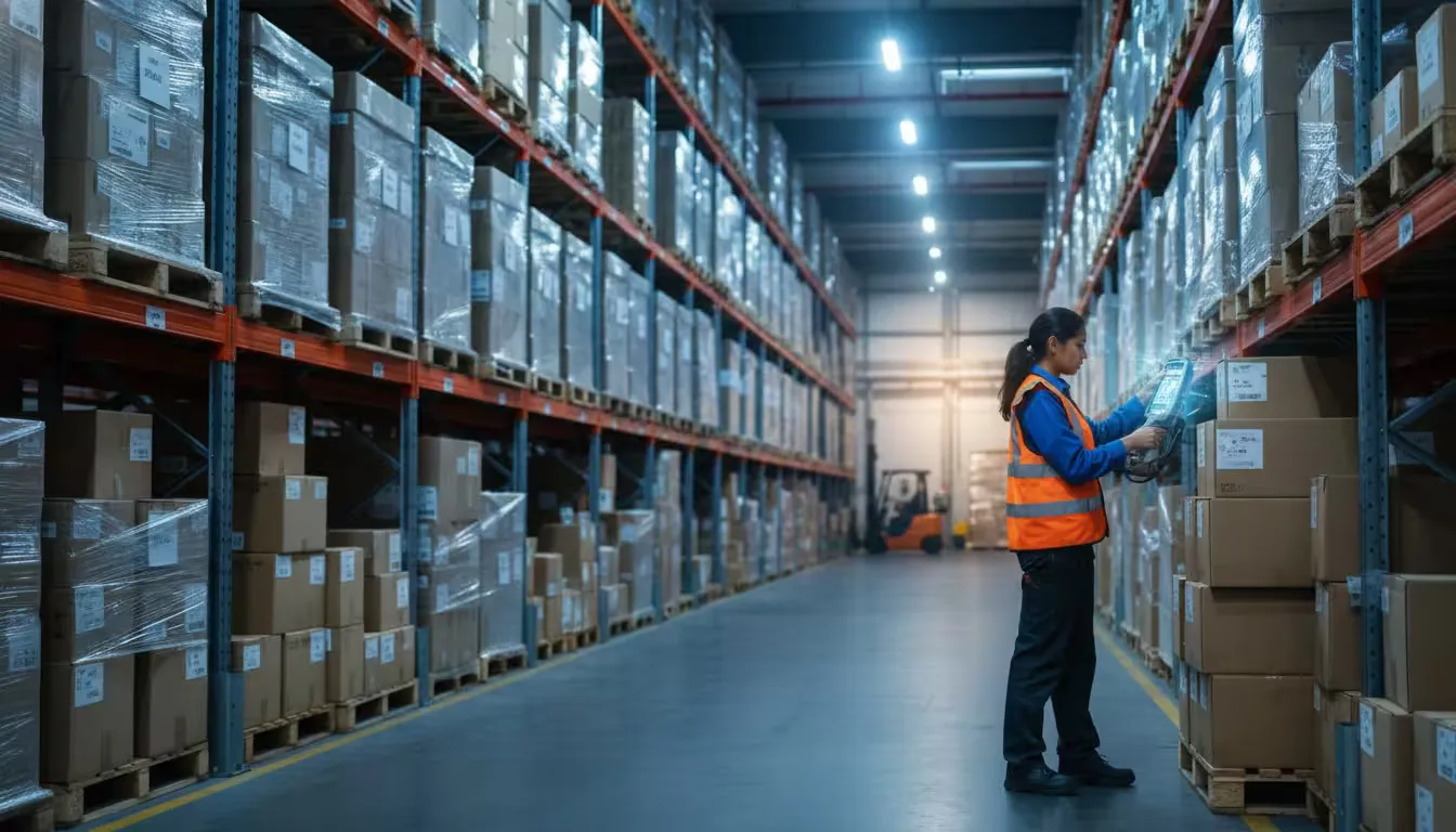 Over-the-shoulder shot of a warehouse worker in a safety vest scanning inventory with a handheld device among tall storage racks during early evening