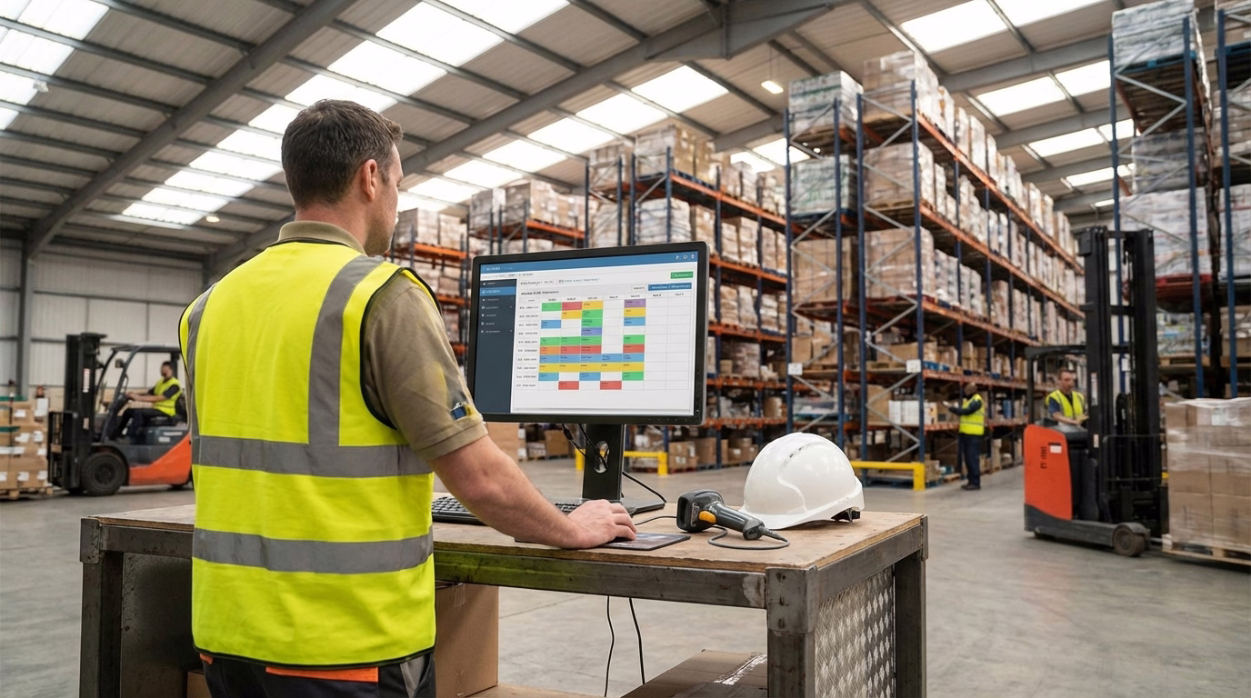 Warehouse supervisor at standing desk reviewing time-off requests on monitor