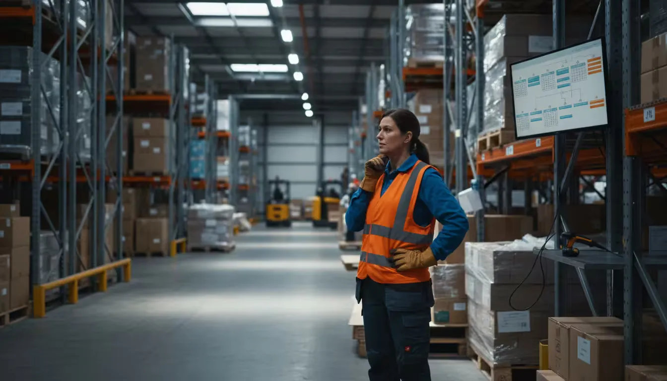 Medium close-up shot inside a busy warehouse aisle during mid-shift operations, overhead industrial lighting creating strong directional shadows.