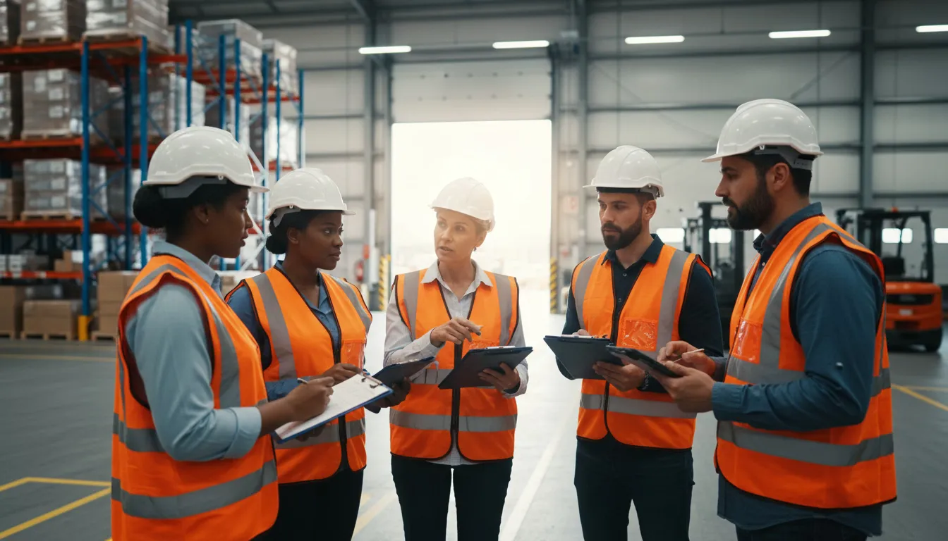 Warehouse team conducting morning shift briefing near loading dock