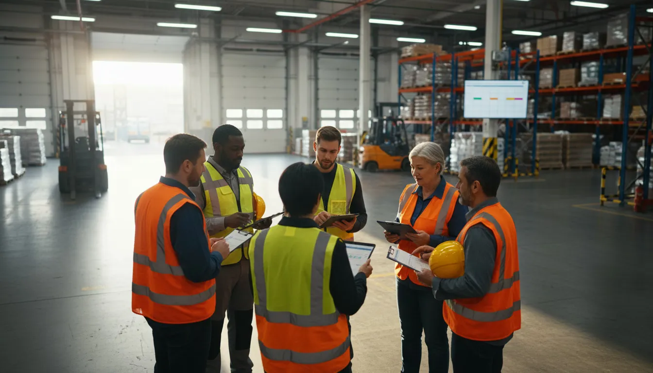 Warehouse team morning huddle near loading dock with safety vests