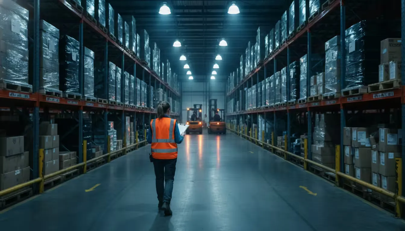 Over-the-shoulder shot following a warehouse shift supervisor walking down a wide industrial aisle during night shift hours.
