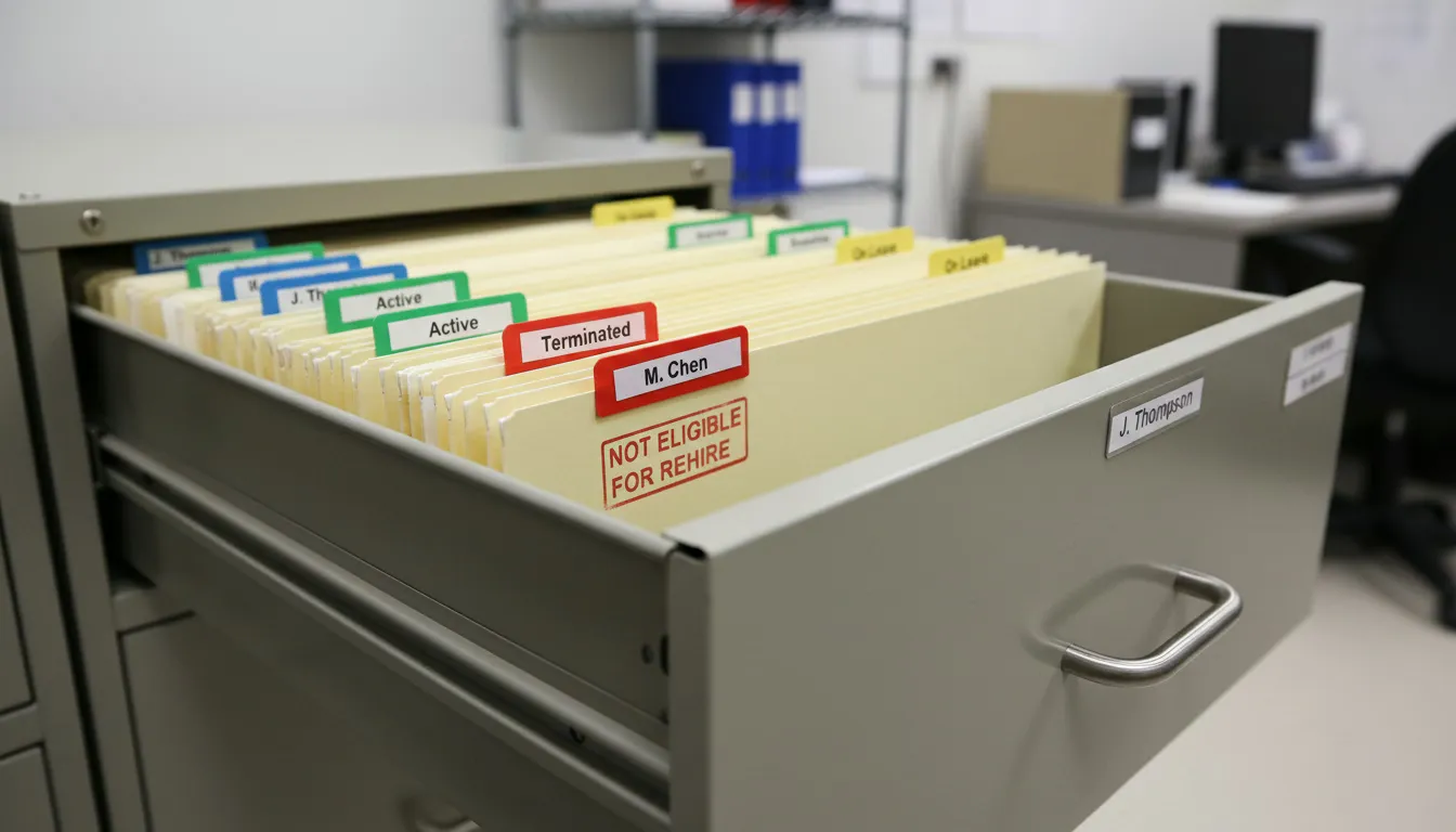 Organized employee personnel files in warehouse HR office cabinet