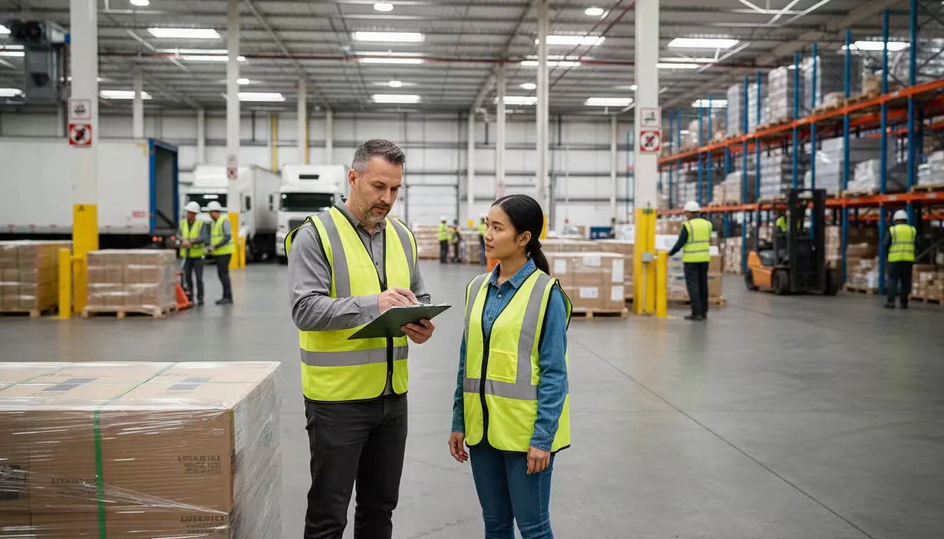 Over-the-shoulder medium shot inside a busy warehouse during a seasonal worker training session, captured under bright overhead industrial lighting.