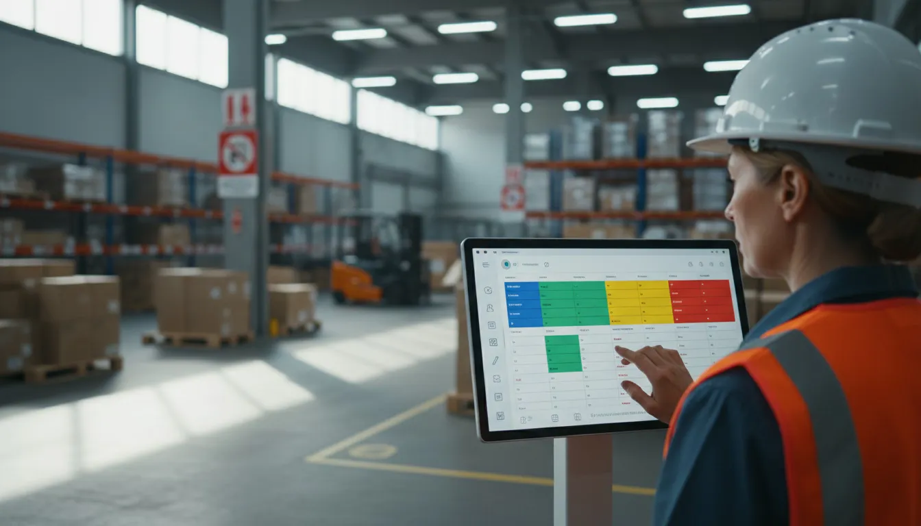 Warehouse coordinator reviewing worker assignments on wall-mounted tablet
