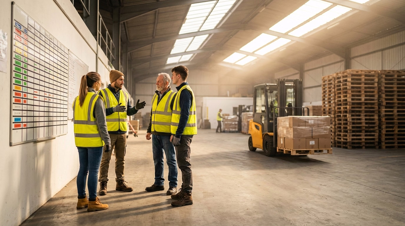 Warehouse team discussing shift coverage near loading dock