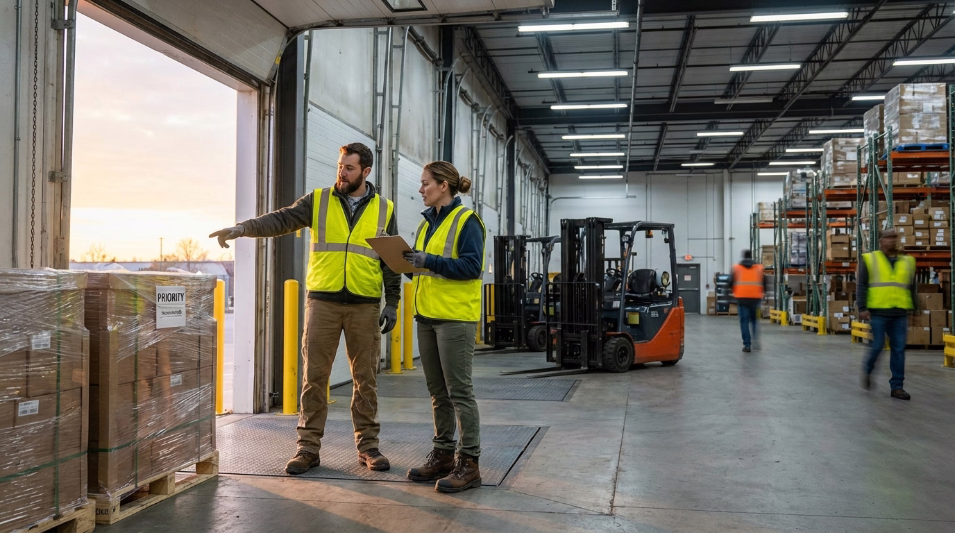 Two warehouse workers during morning shift handoff at loading dock