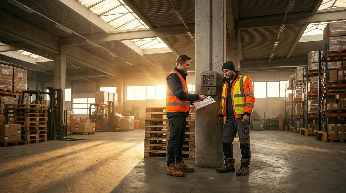 Two warehouse workers exchanging clipboard during early morning shift handoff