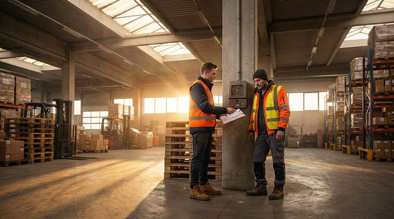 Two warehouse workers exchanging clipboard during early morning shift handoff