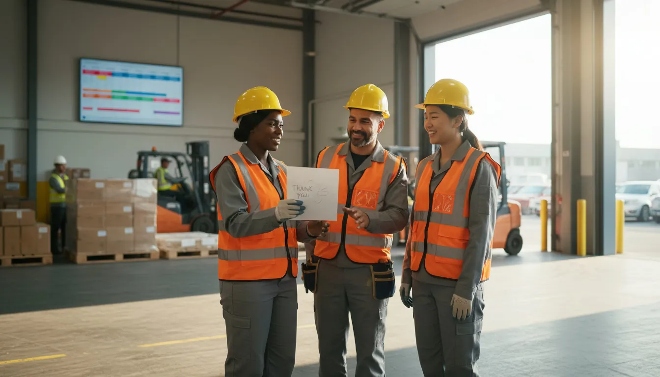Warehouse team celebrating recognition during break at loading dock