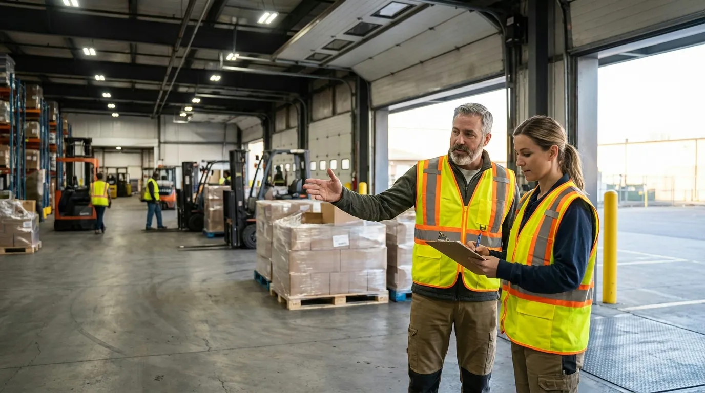 Two warehouse workers coordinating during shift overlap at loading dock