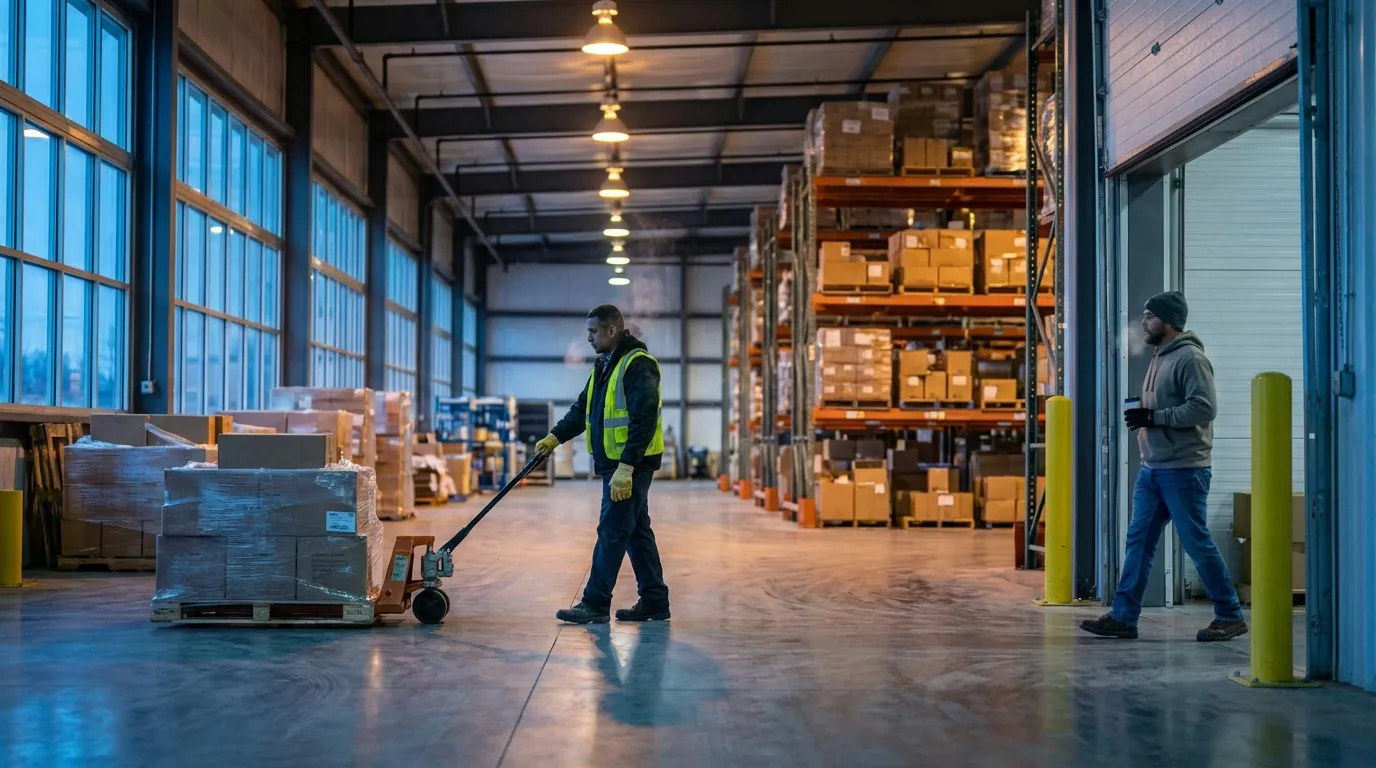 Warehouse workers arriving at staggered times during early morning shift