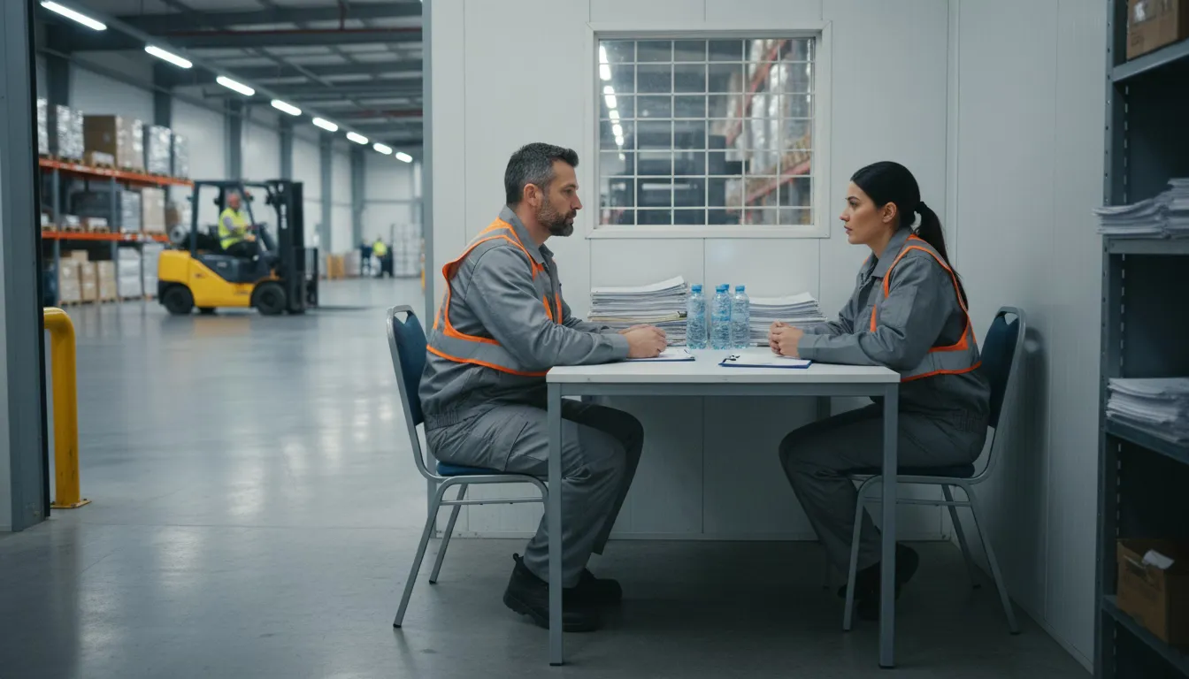 Warehouse supervisor and operations manager discussing separation terms in break room