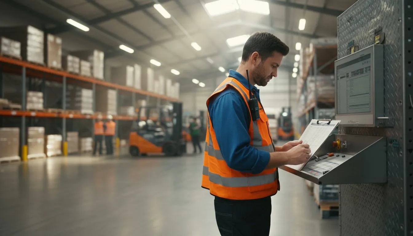 Warehouse supervisor reviewing staffing report on clipboard