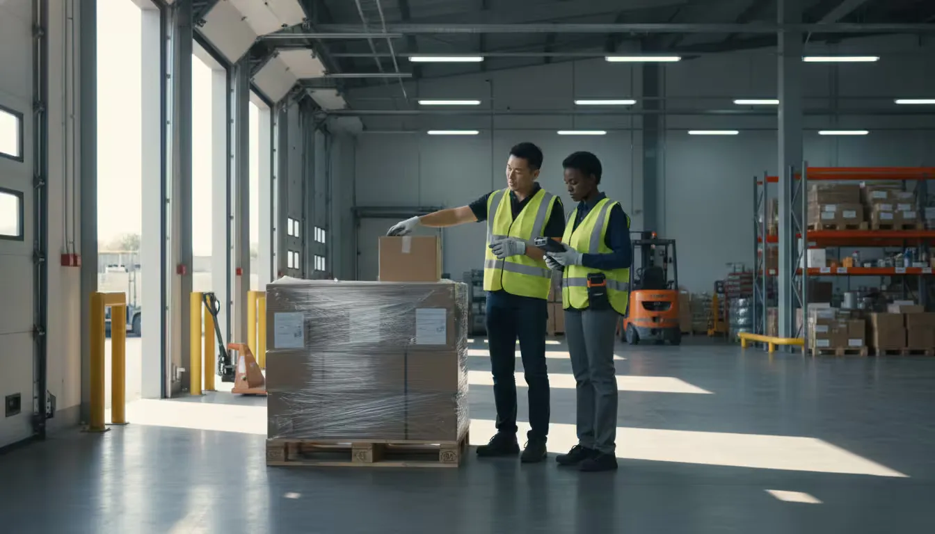 Photorealistic wide shot of a warehouse loading dock during shift change, captured at eye level showing two workers in safety vests and work gloves co