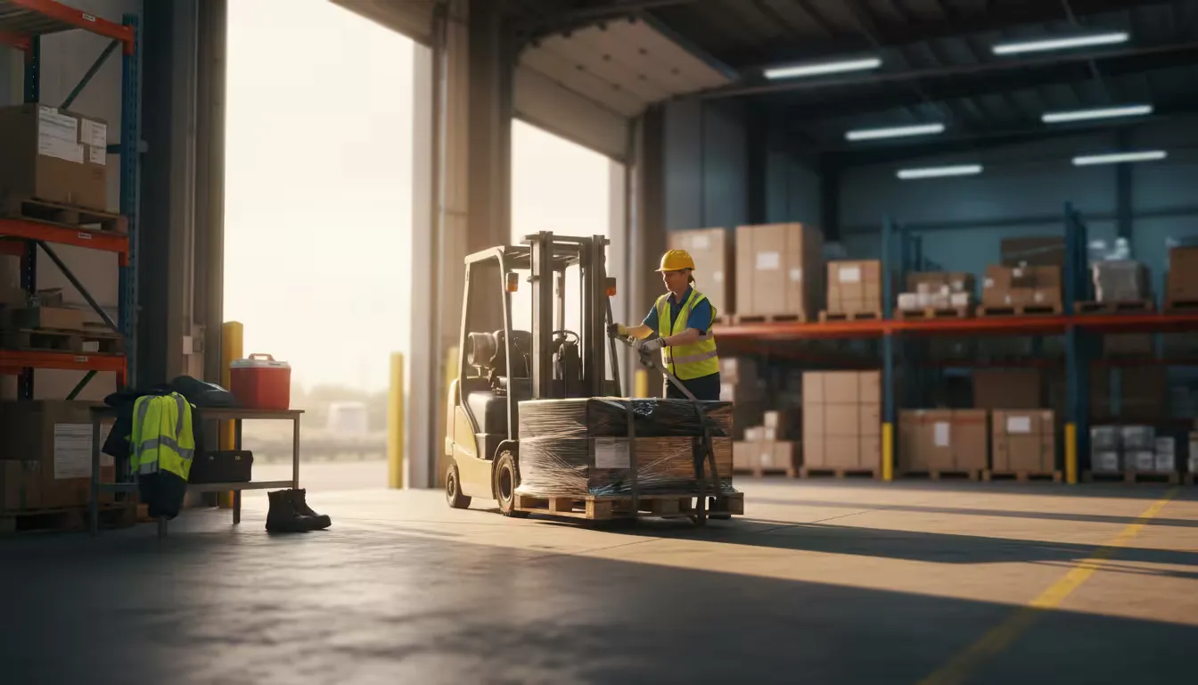Eye-level shot of a warehouse loading dock at the end of a Friday shift, captured during golden hour as natural light filters through the large bay doors. A forklift operator in high-visibility gear secures equipment for the weekend, with inventory shelves stretching into the background.