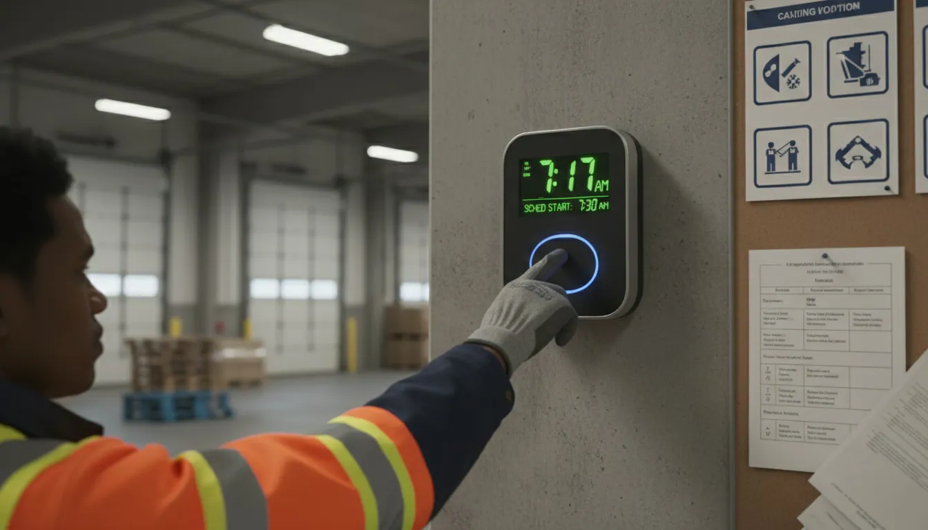 Warehouse worker punching digital time clock showing late arrival time