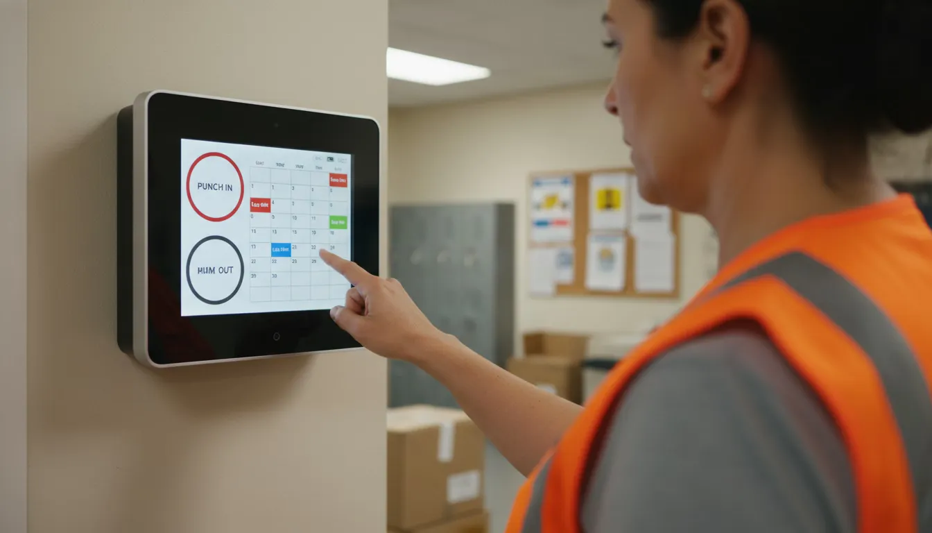 Warehouse worker using wall-mounted digital time clock