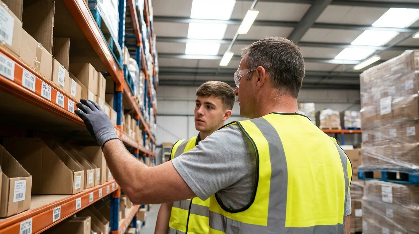 Senior warehouse worker mentoring new employee near inventory shelves