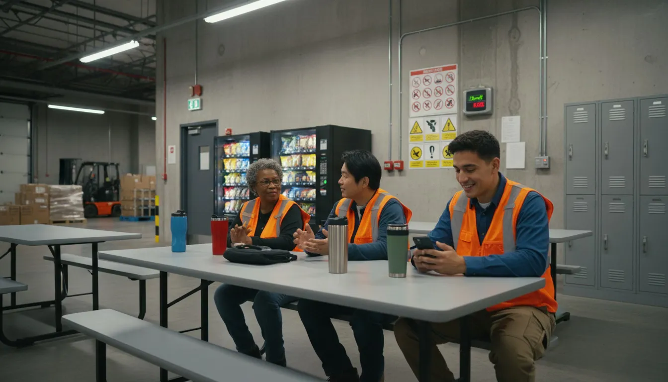 Warehouse workers on break, one checking phone in break room