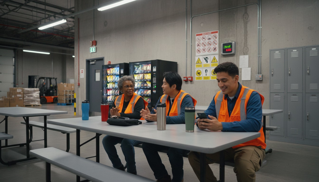 Warehouse workers on break, one checking phone in break room