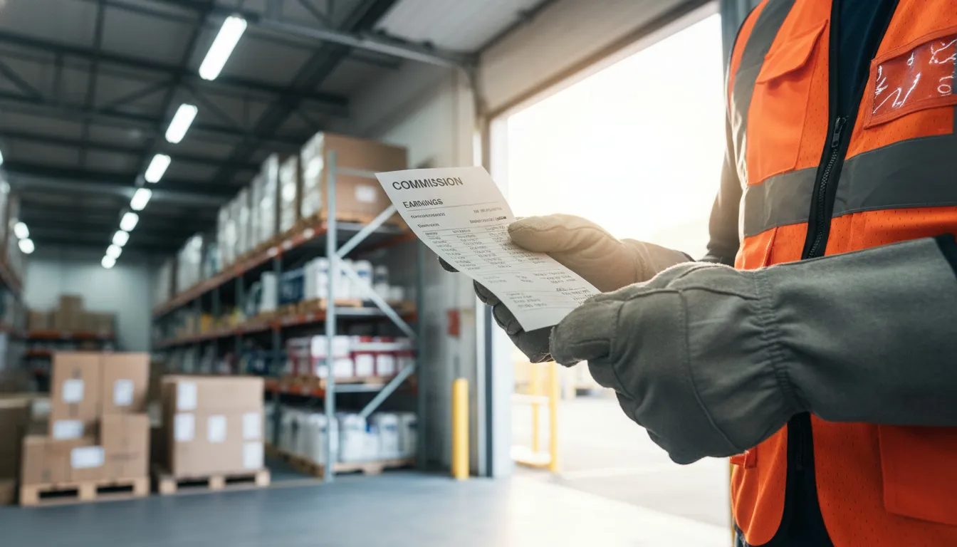 Warehouse worker reviewing pay stub with commission earnings at loading dock