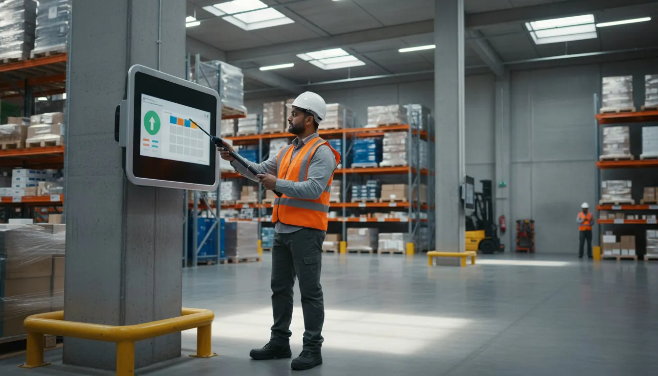 Warehouse worker reviewing inventory screen and making stocking decision