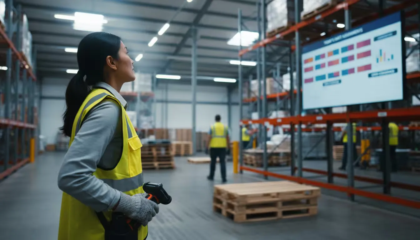 Over-the-shoulder close-up shot of a warehouse worker in a high-visibility safety vest pausing near industrial shelving during mid-morning.