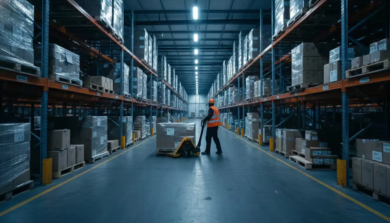 Wide shot of a warehouse floor during night shift operations under industrial overhead lighting with deep shadows between storage racks. A warehouse worker in safety vest operates equipment near towering shelving units.