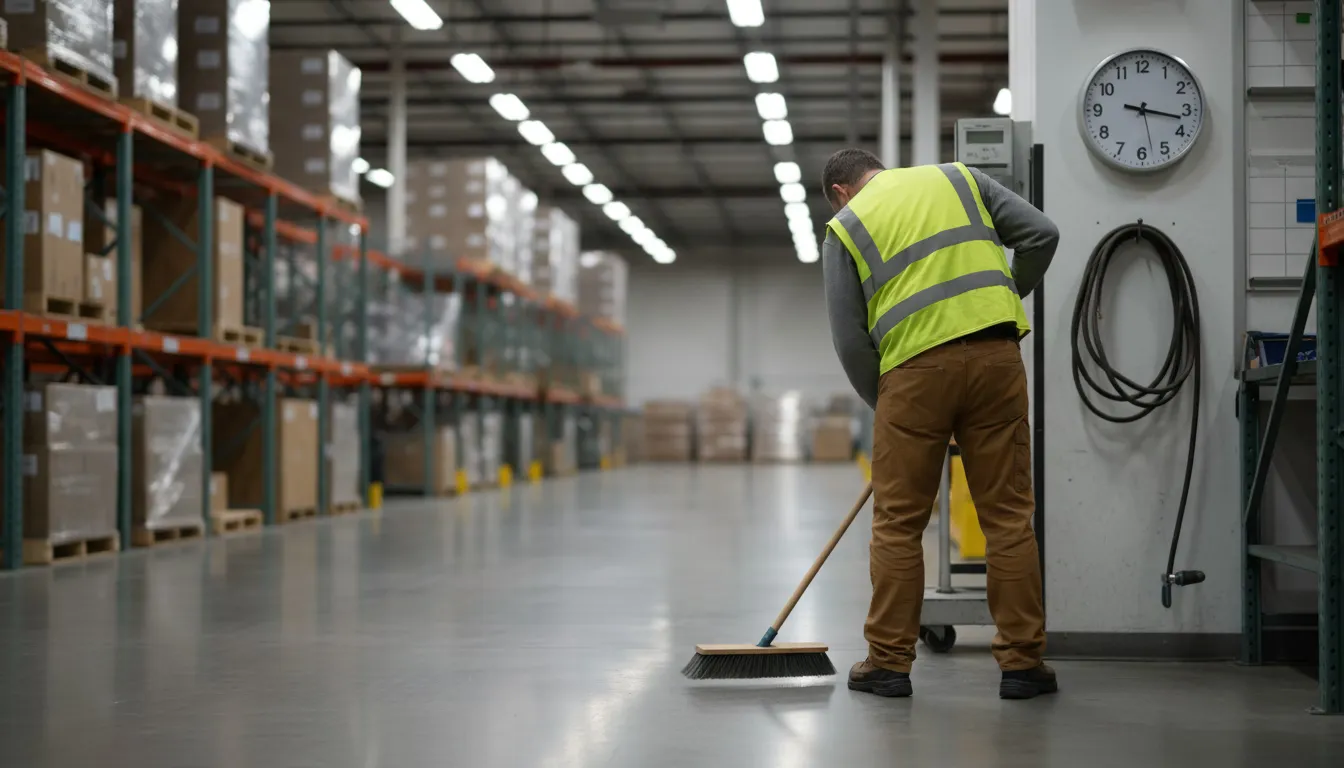 Warehouse worker cleaning workstation after clocking out at shift end