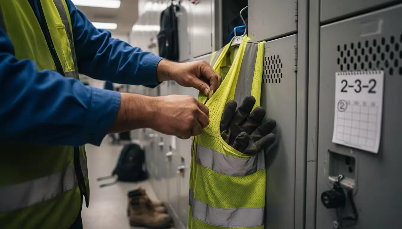 Close-up shot of a warehouse worker's hands removing a safety vest and hanging it on a locker hook at the end of a shift block.