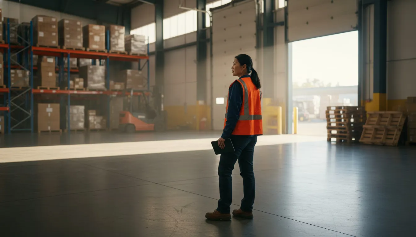 Warehouse worker in safety vest standing near loading dock during shift transition