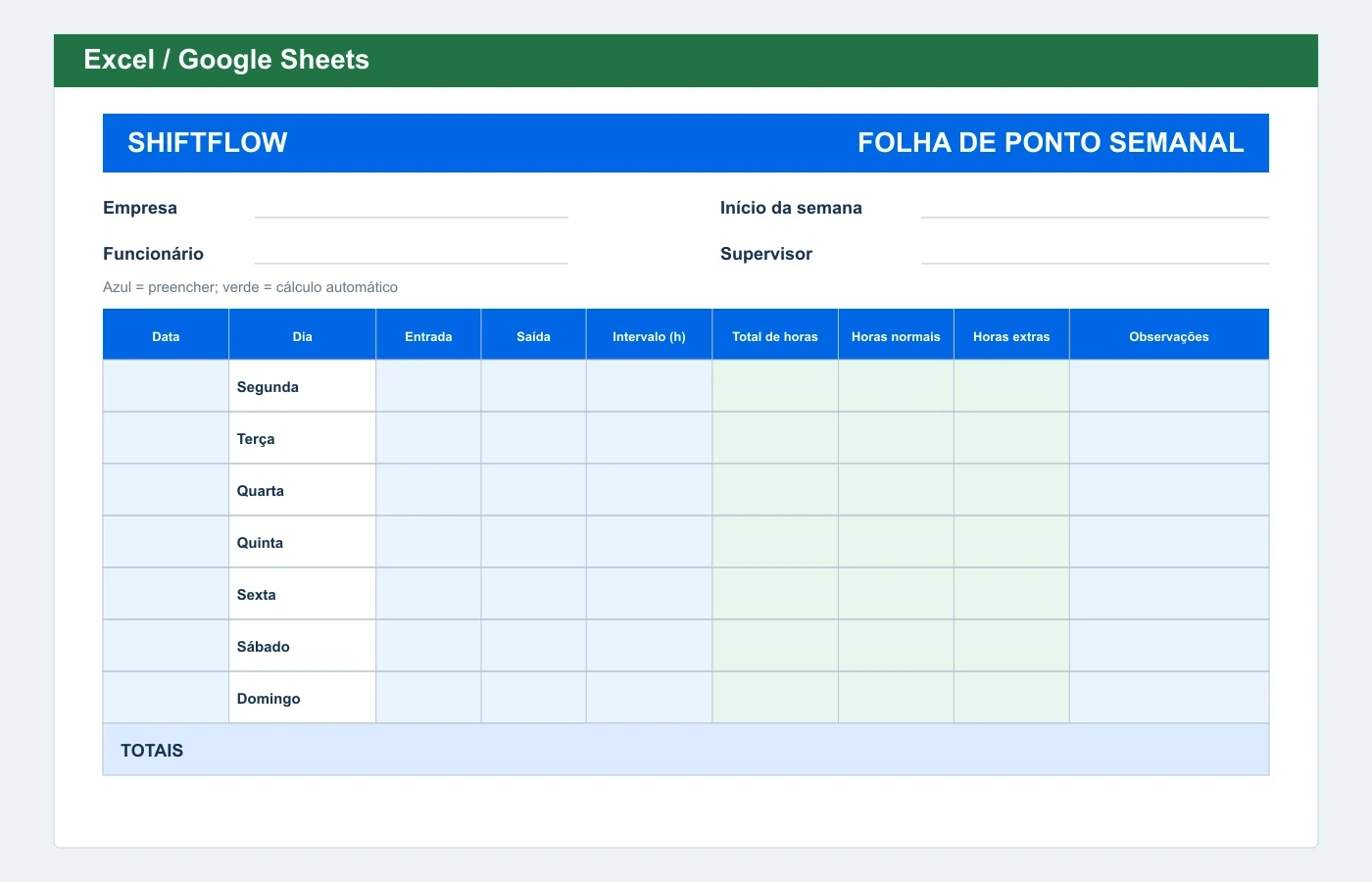 Prévia em Excel: Folha de ponto semanal