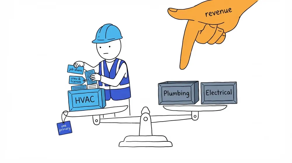 A hand-drawn Worker weighs three service-division crates on a balance using evidence tags for job share, crew, and licenses, ignoring a dollar thumb pressing the scale.